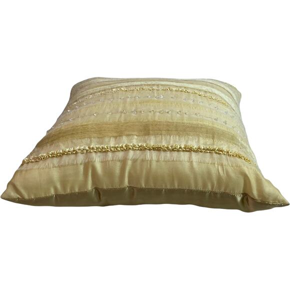 Yellow embellished square decorative pillow, bead & ribbon satin back - Picture 4 of 5